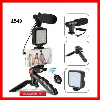 AY-49 Multi-Functional Portable Vlogger Kit with Mic, LED Light & Tripod Stand with Remote